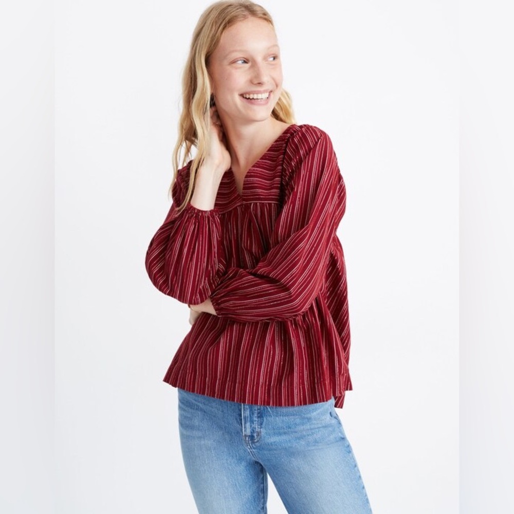 Madewell Swingy Peasant Top in Red Metallic Stripe Size XL